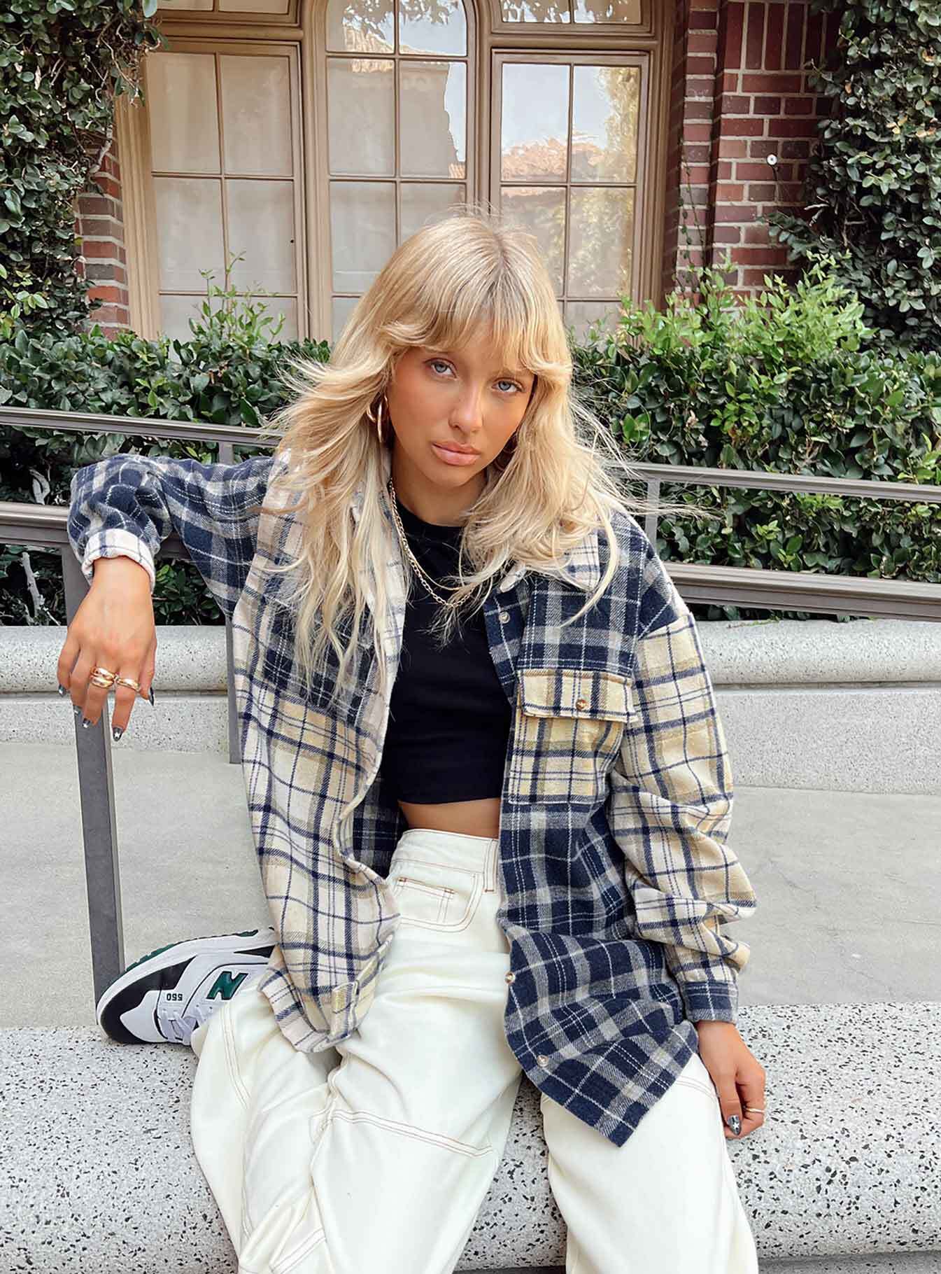 Oversized shirt Check print Button front fastening Twin chest pockets Single button on cuffs Drop shoulder