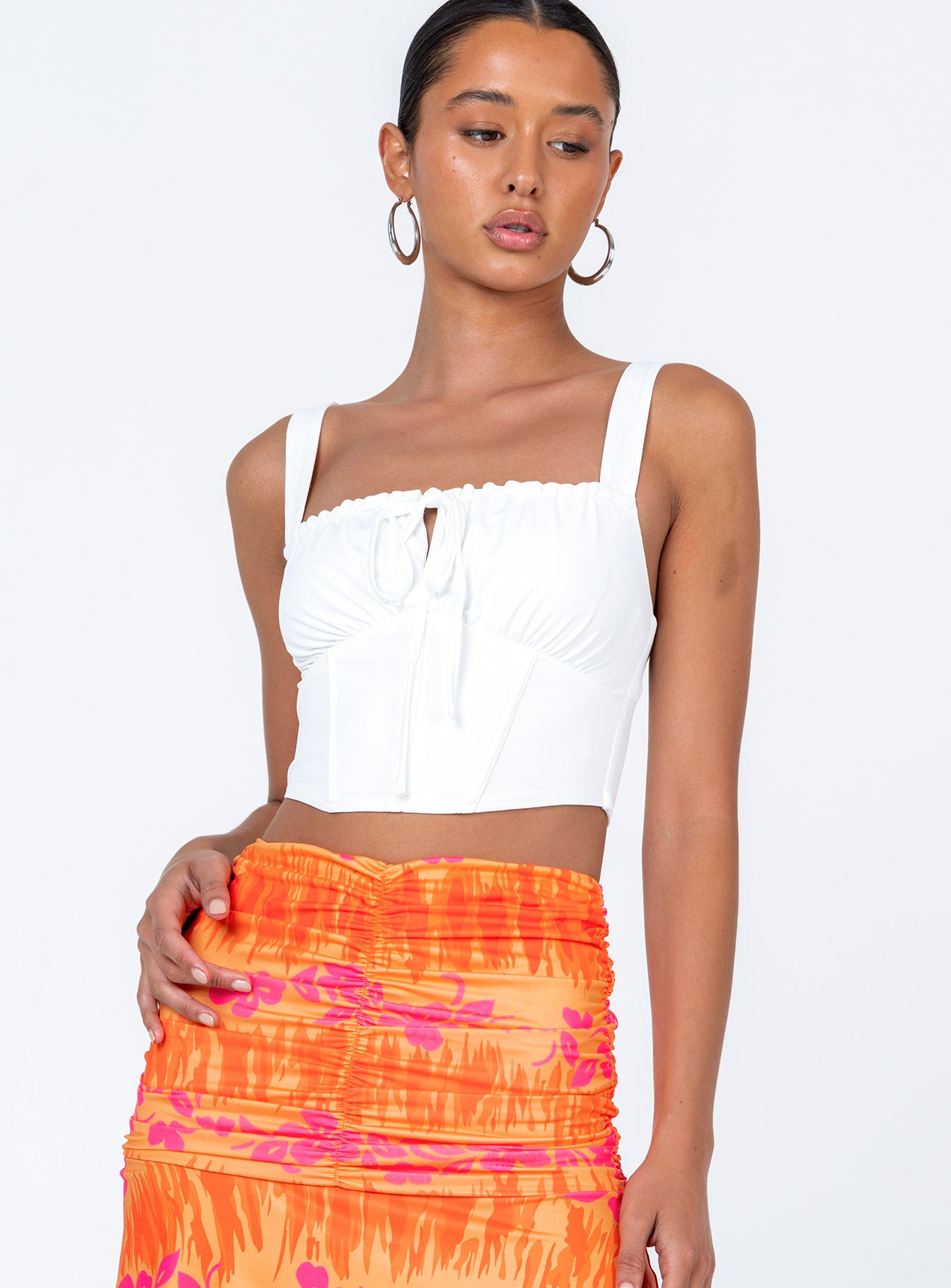 front view of model wearing Princess Polly Alexandira Top White Sleeveless Square Neck 