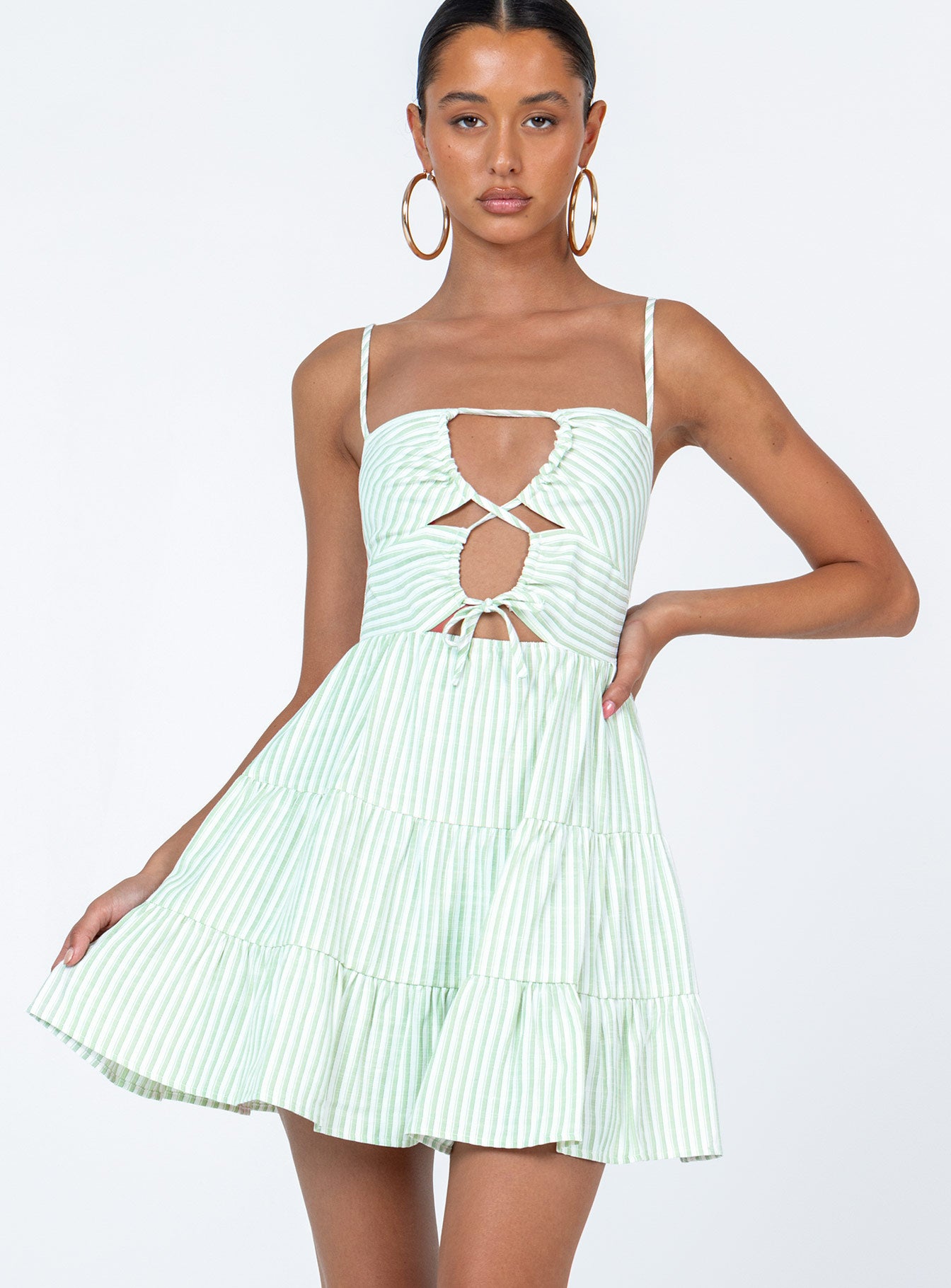 front view of model wearing Princess Polly Rise Up Mini Dress Green Square Neck 