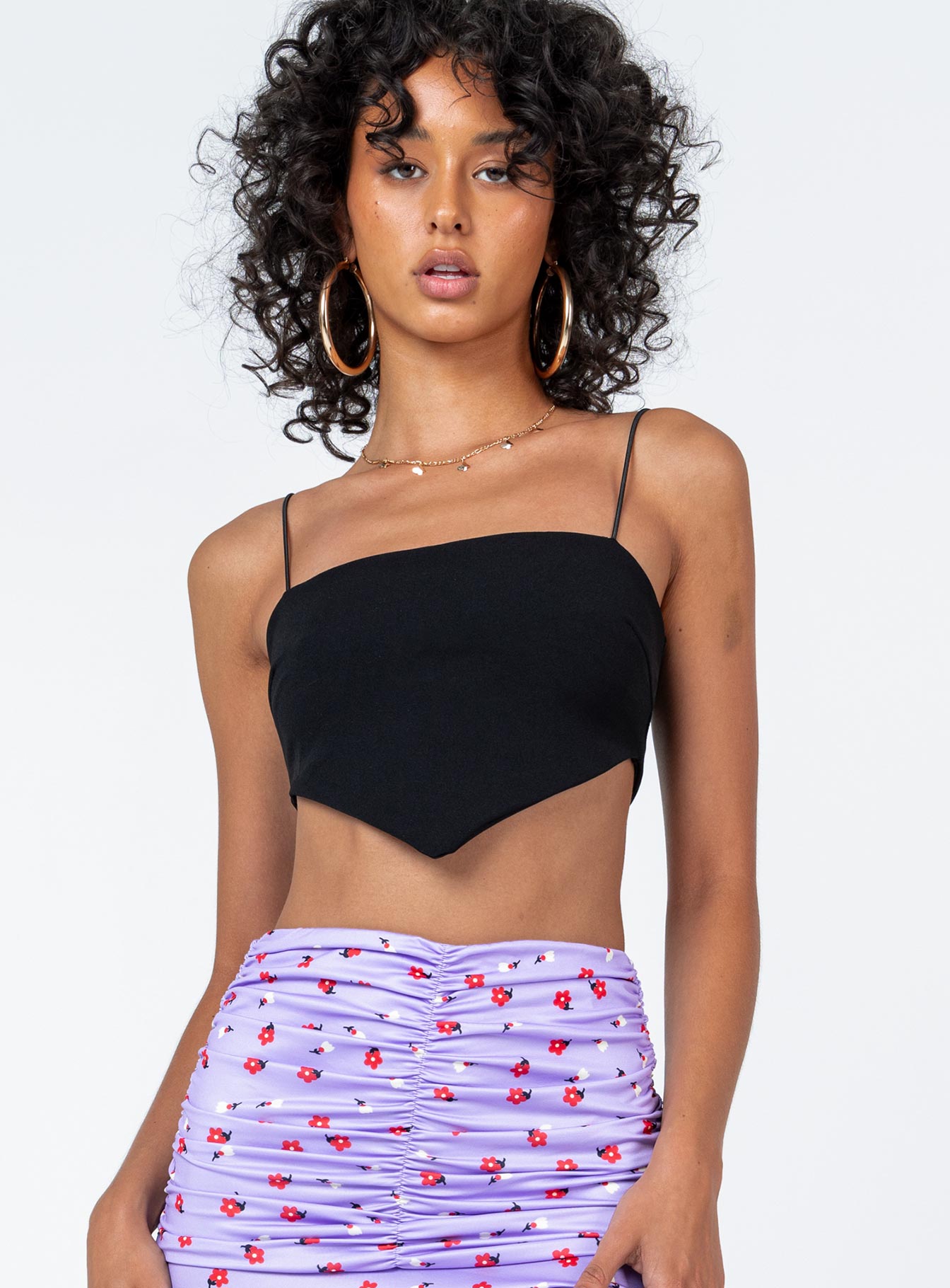 side view of model wearing Princess Polly McKinnon Top Black Sleeveless Square Neck 