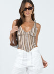Corset top Striped print Fixed straps Plunging neckline Button detail at front Boning throughout Lace-up fastening at back Pointed hem Non-stretch