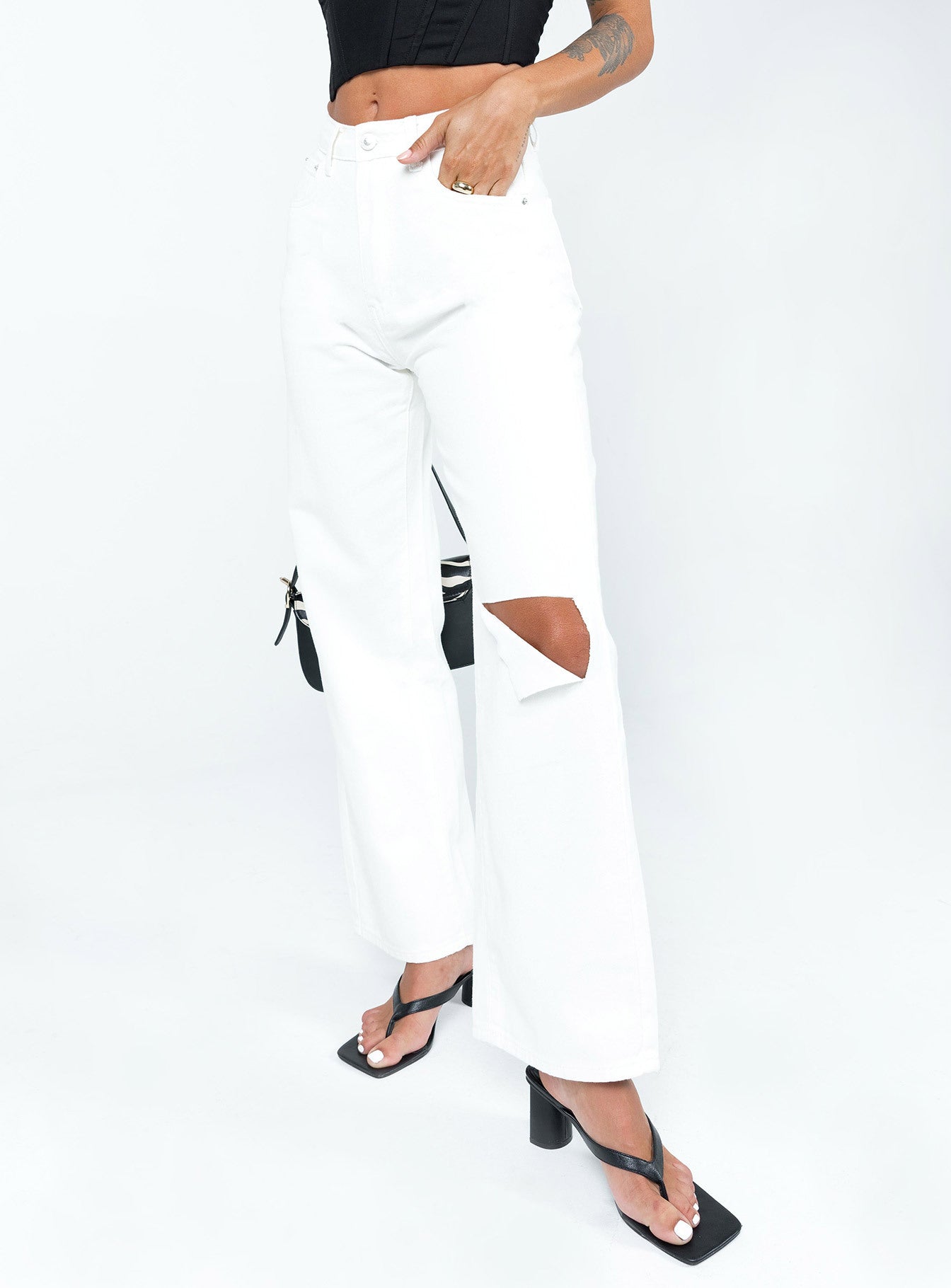 front view of model wearing Princess Polly Sevina Wide Leg Denim Jeans White High Waisted 