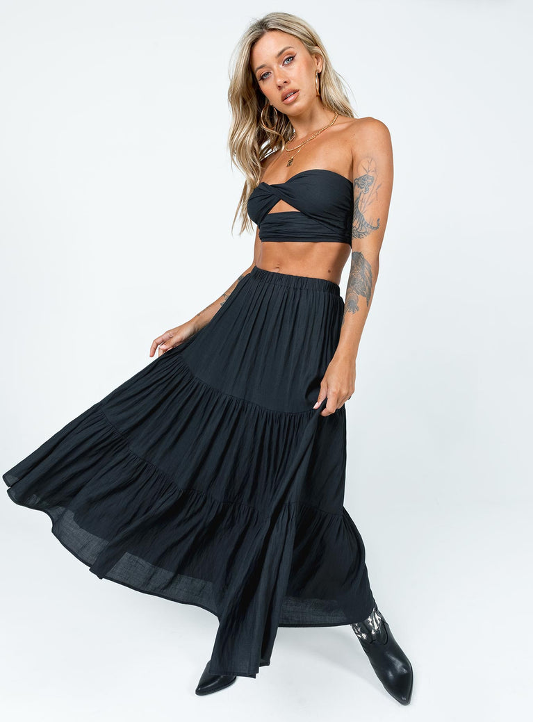 Black matching set Crop top Removable shoulder straps  Inner silicone strip at bust  Twisted bust  Cut out detail  Shirred back  Zip fastening  High waisted midi skirt  Elasticated waistband  Layered design 