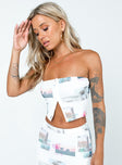 Strapless top  Slim fitting  Princess Polly Exclusive Main 94% polyester 6% elastane  Lining 95% polyester 5% elastane  Mesh material  Printed design  Inner silicone strip at bust  Button front fastening  Good stretch  Fully lined 