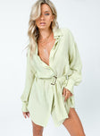 front view of model wearing Princess Polly Bilari Textured Fabric Shirt Dress Green V-Neck 