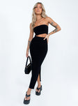 Black matching set Knit material  Strapless crop top  High waisted midi skirt  High side slit 