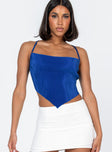 Crop top Silky material  Pleated design  Thin shoulder straps  Back tie fastening  Pointed hem  Raw edge 