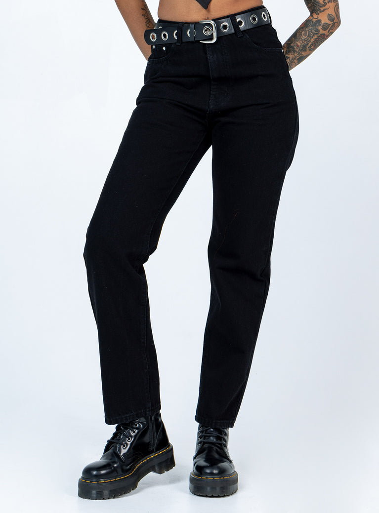 front view of model wearing Princess Polly Raquelle Straight Leg Denim Jeans Black Mid Rise 