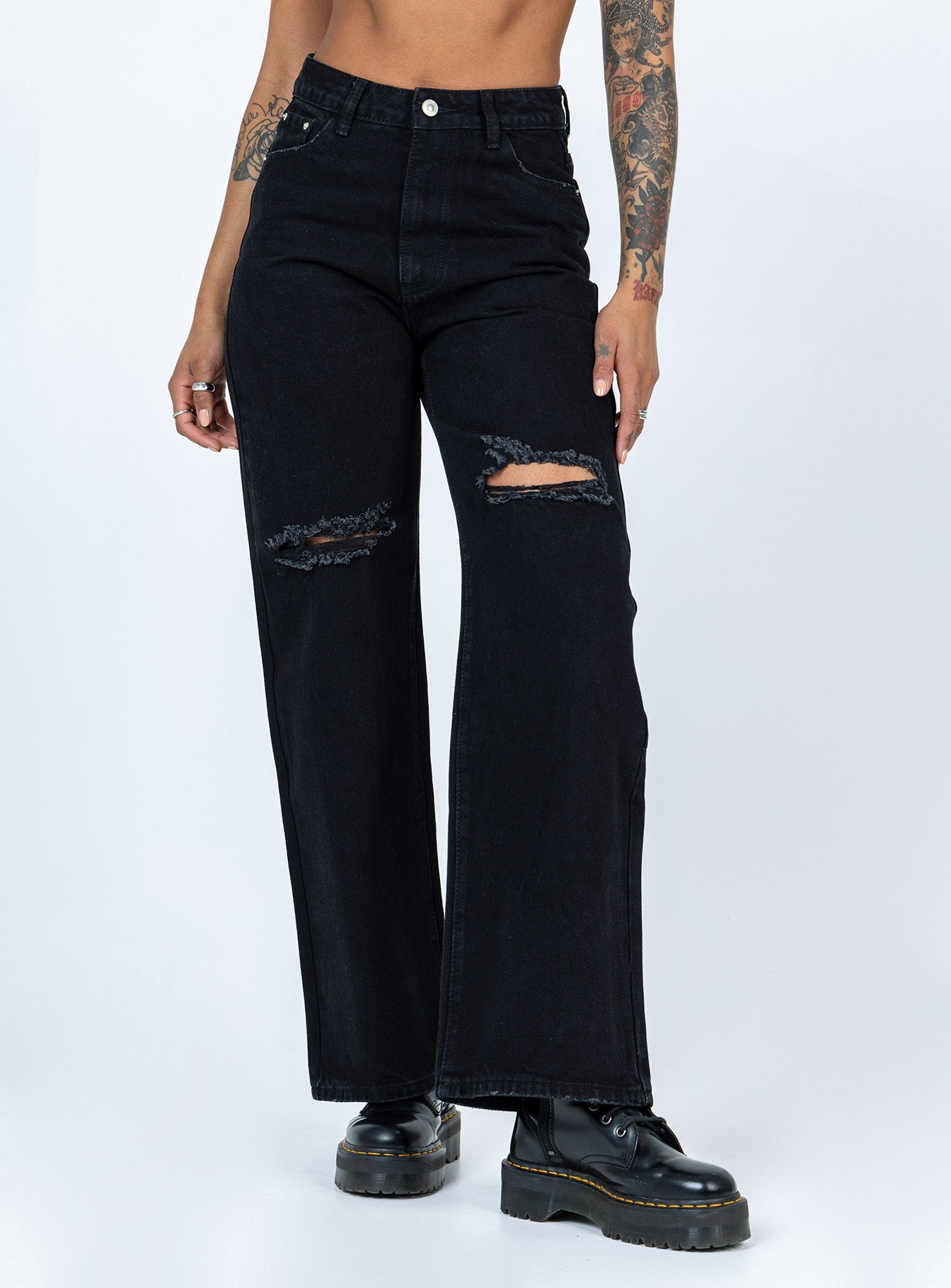 side view of model wearing Princess Polly Lugano Denim Jeans Black High Waisted 
