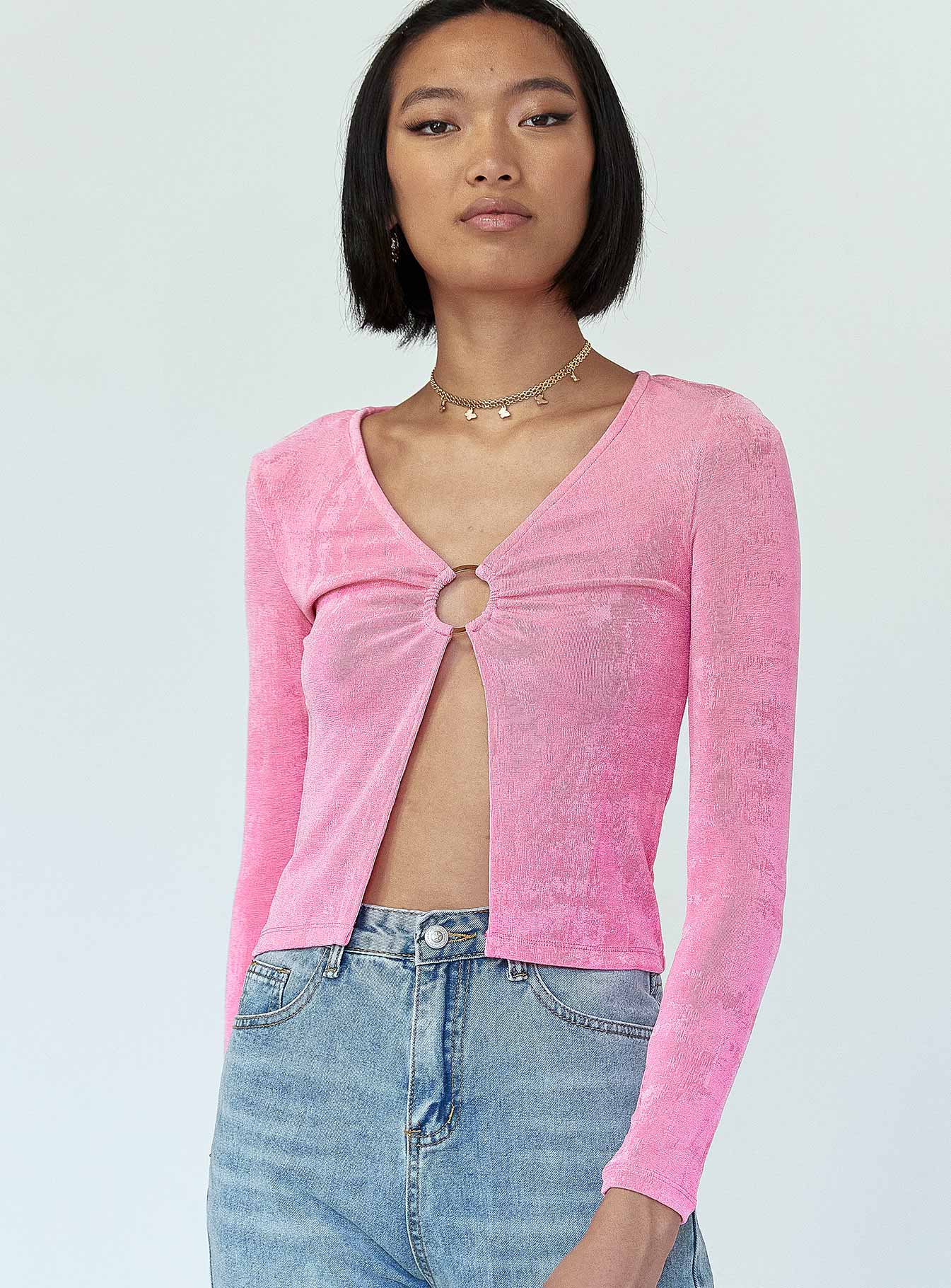 front view of model wearing Princess Polly Ember Ring Detail Top Pink 