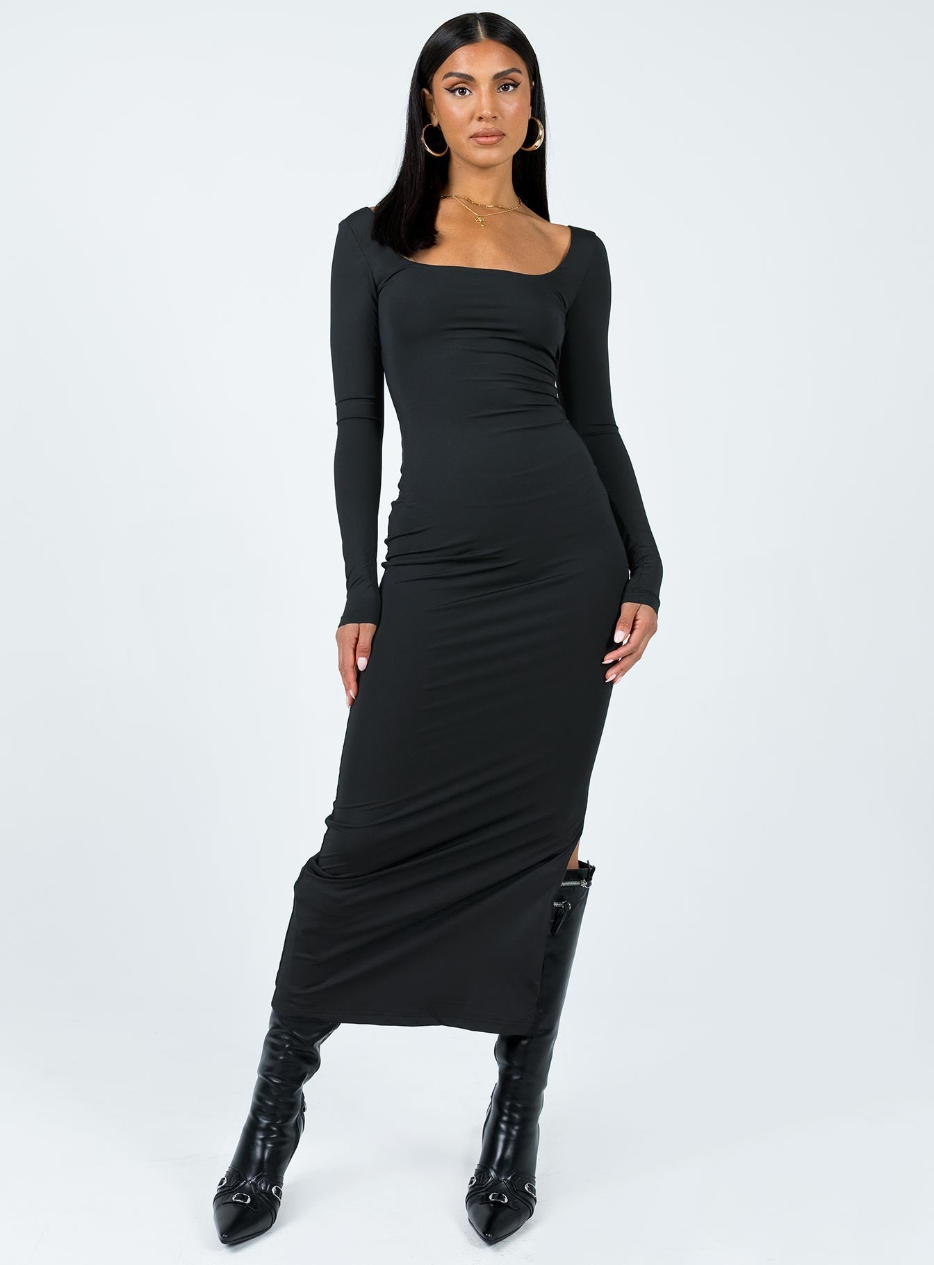 Front view of model wearing  front Princess Polly High Neck  Burlington Long Sleeve Maxi Dress Black