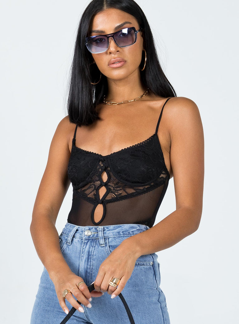 Bodysuit Slim fitting Princess Polly exclusive Shell: 90% nylon 10% elastane  Lining: 95% polyester 5% elastane  Sheer mesh & lace material  Adjustable shoulder straps  Wired cups  Faux button front fastening  High cut leg  Cheeky cut bottom  Press clip fastening at base