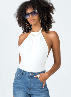 side view of model wearing Princess Polly Allie Halter Bodysuit White Sleeveless High Neck 
