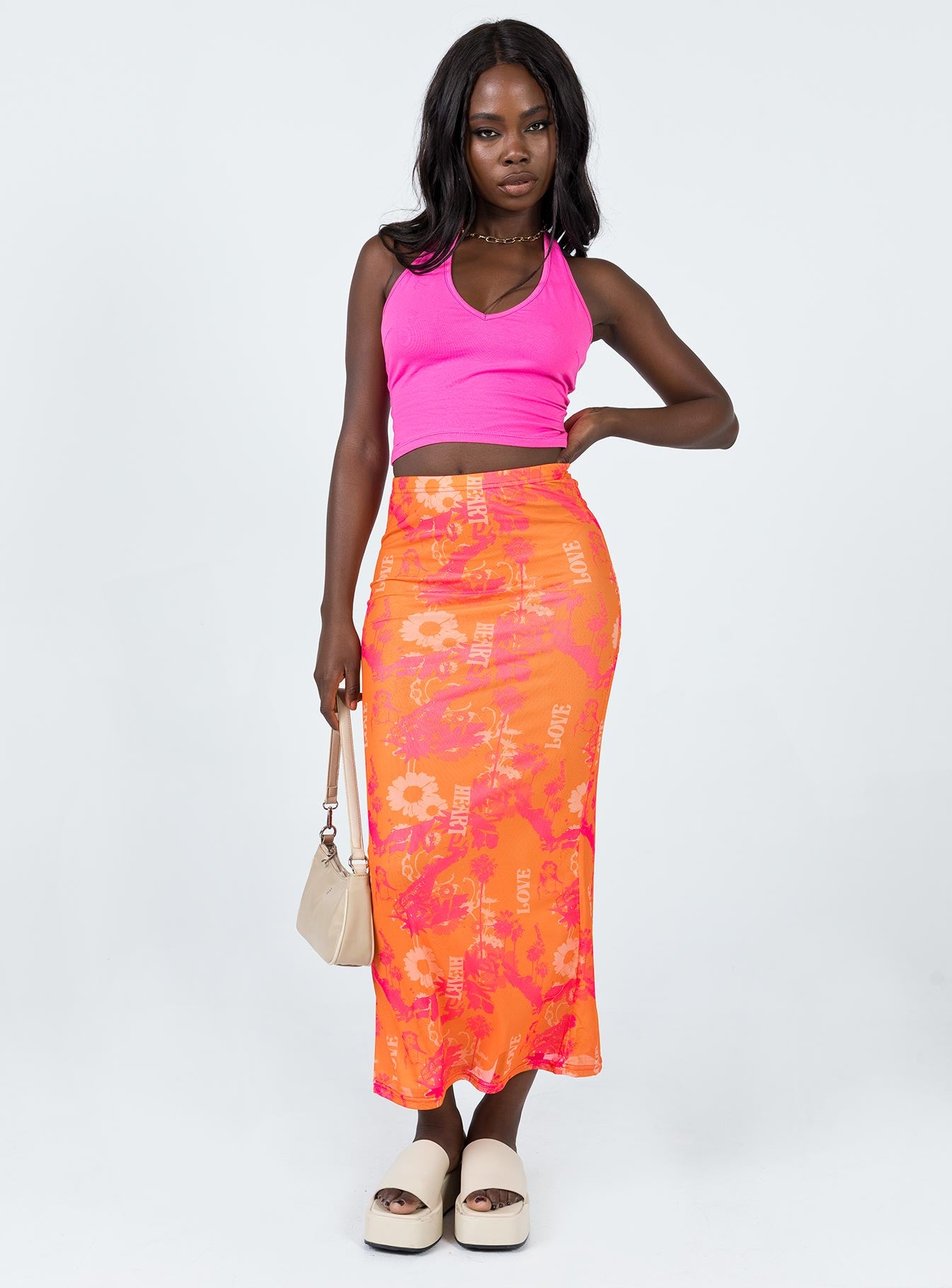 Zonya Mesh Floral Maxi Skirt Orange