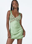 Front view of model wearing  front Princess Polly Asymmetric Neckline  Bel Air Mini Dress Green