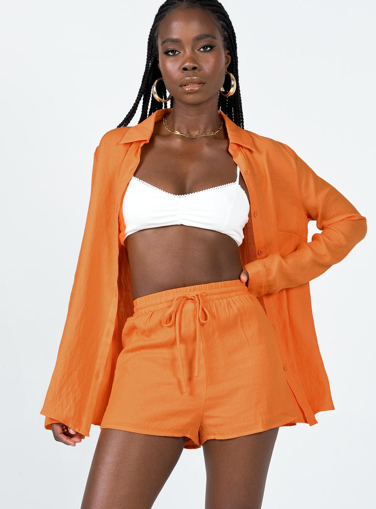 Orange matching set Classic collar Button front fastening Single-button cuff High waisted shorts  Drawstring waistband