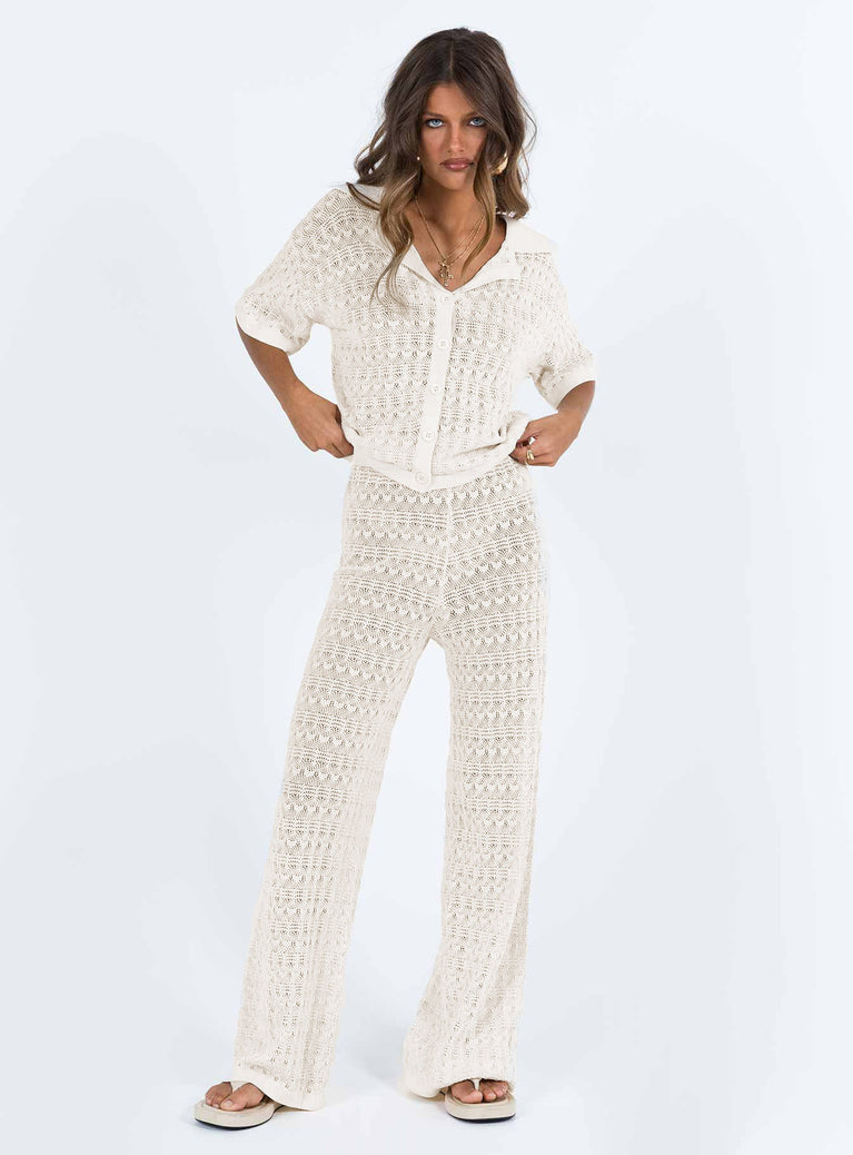 Matching set Knit material Cropped shirt Classic collar Button fastening at front Pants Thick elasticated waistband Wide leg Good stretch Unlined 