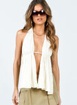 Top Textured material  Halter neck Open front  Back tie fastening  Exposed back 