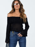 Off the shoulder top Sheer knit material Folded neckline Inner silicone strip at bust Flared sleeves
