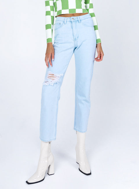 front view of model wearing Princess Polly Palermo Straight Leg Light Wash Denim Jeans Mid Rise 