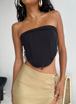 Strapless top Corset style Folded neckline Boning throughout Zip fastening at back Curved hem