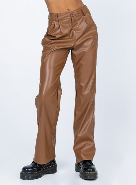 front view of model wearing Princess Polly Wild Charm PU Pants Brown 