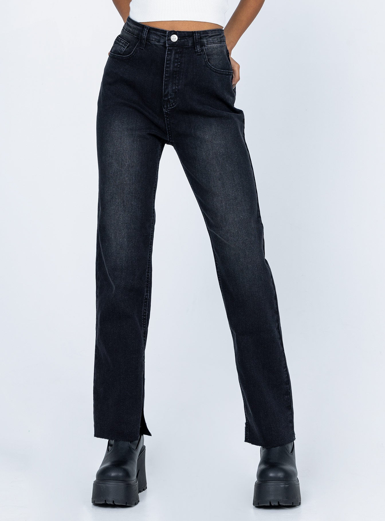 front view of model wearing Princess Polly Miller Denim Jeans Black High Waisted 