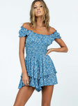 Blue romper Floral print  Shirred waistband Ruffle detailing Elasticated neck & sleeves Can be worn on or off-shoulder Layered ruffle hem