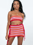 Red matching set Crochet knit material Strapless crop top Lace-up fastening at back Mini skirt Adjustable lace-up sides