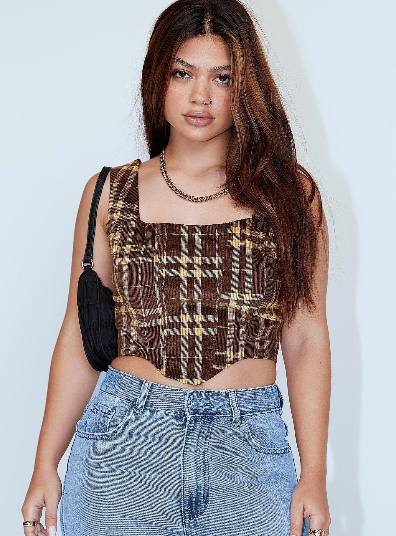 front view of model wearing Princess Polly Cheyenne Top Brown 