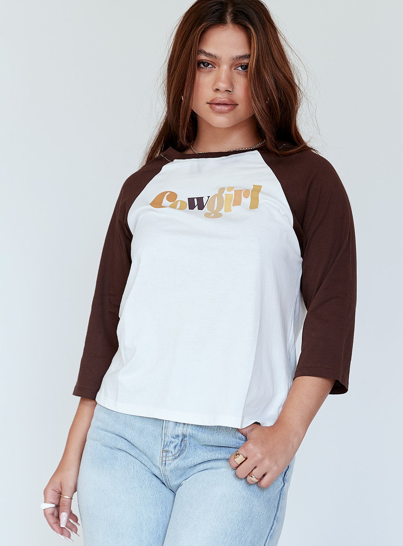 front view of model wearing Princess Polly Motel Nexo Tee Cowgirl Brown 