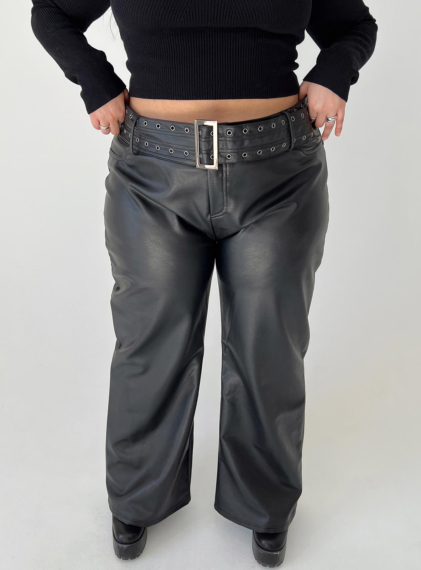 Torridon Eyelet Belt Faux Leather Pants Black Curve