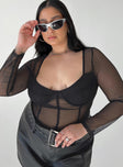 front view of model wearing Princess Polly Leonie Bodysuit Black Curve Full Sleeves Plunger 