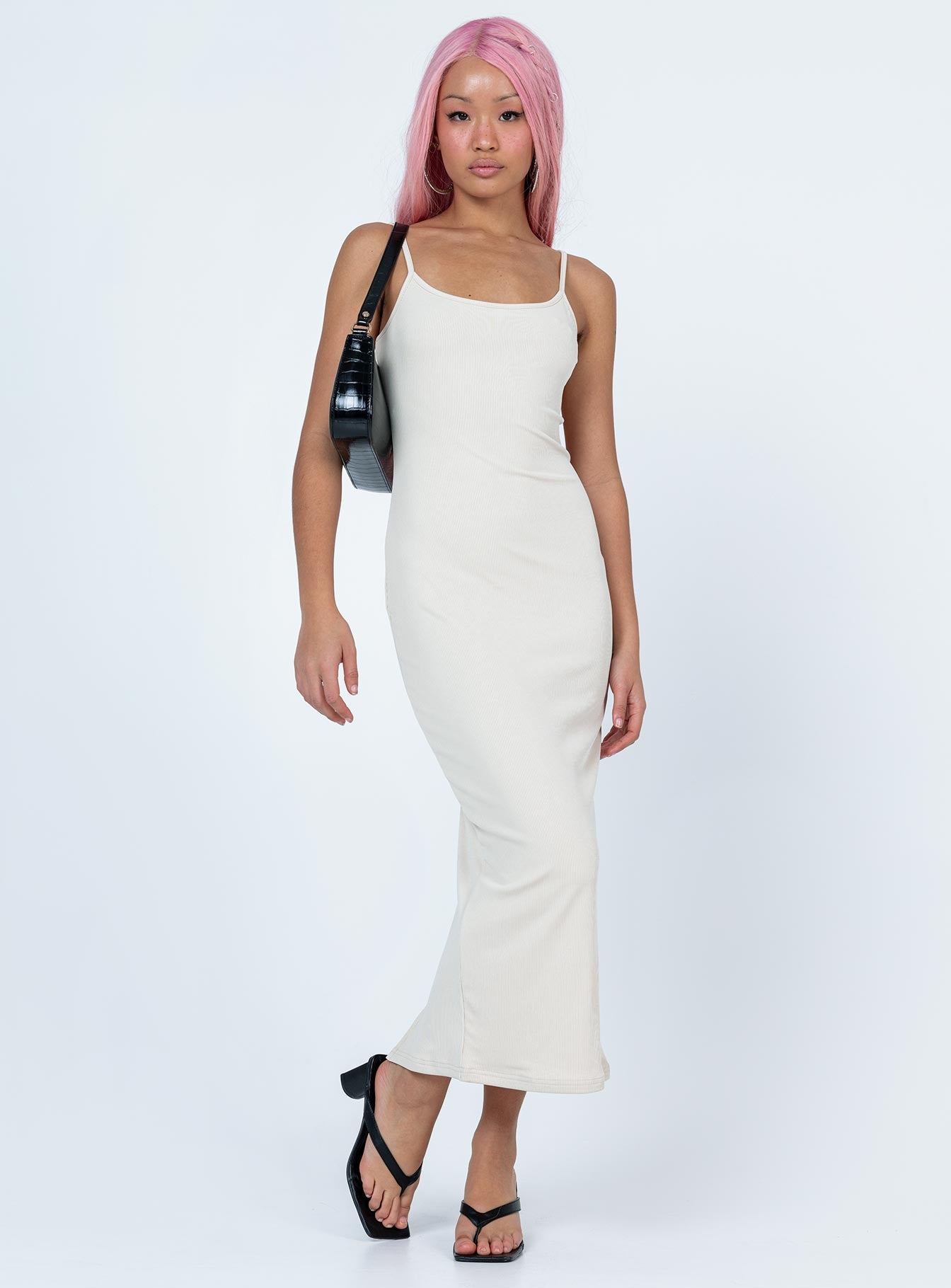 Front view of model wearing  front Princess Polly High Neck  Cherie Maxi Dress Beige