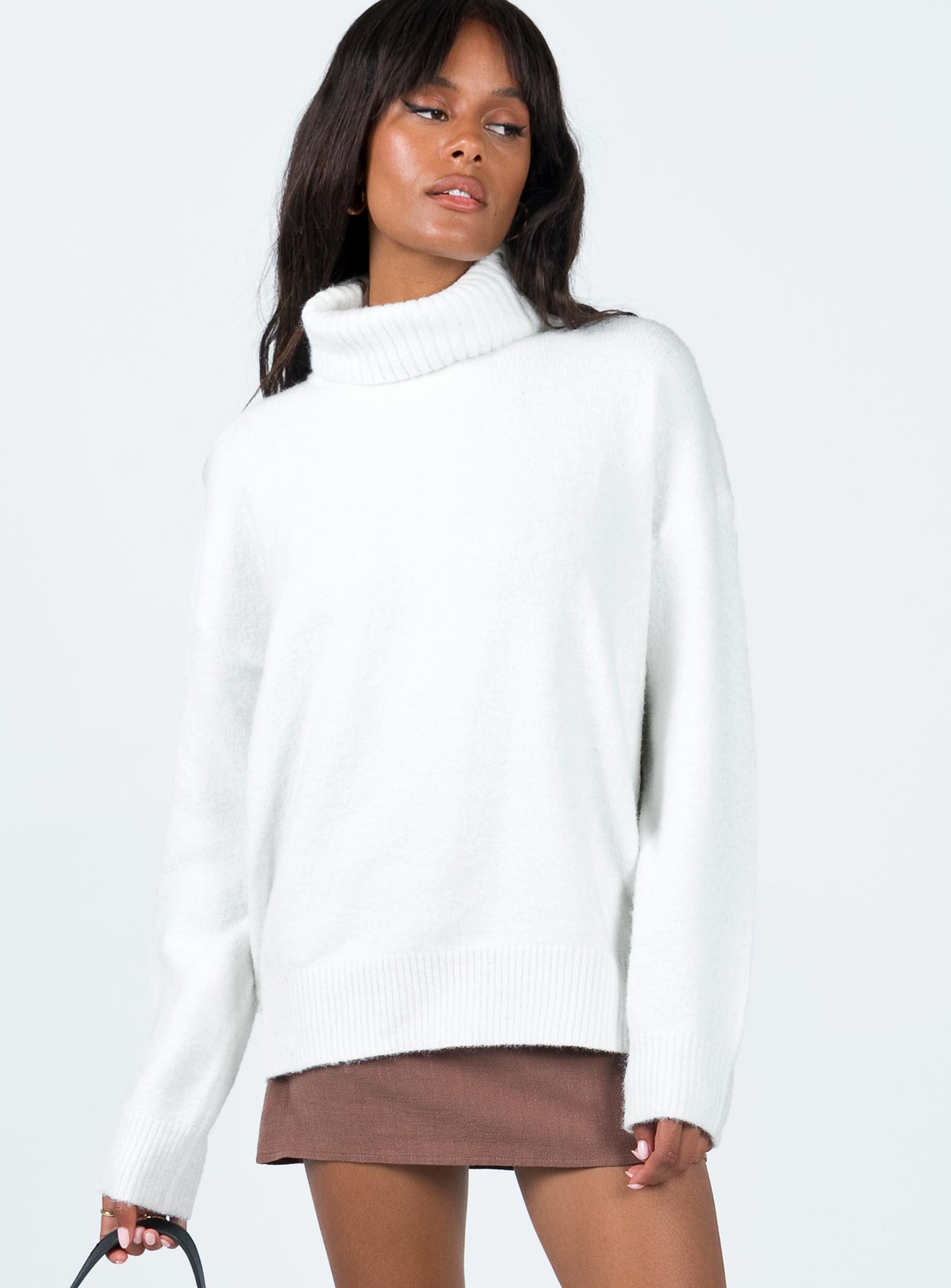 front view of model wearing Princess Polly Oswin Turtleneck Sweater White Long 