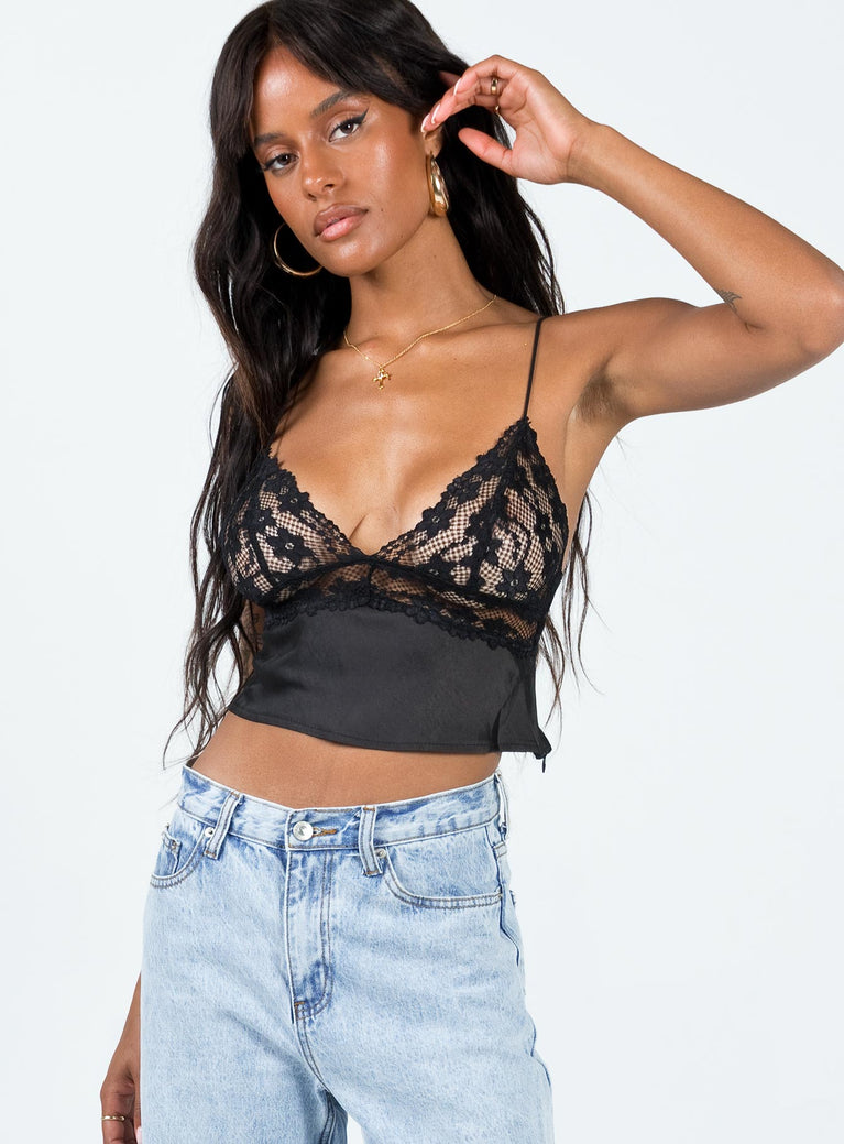 Cropped cami top Lace & silky material Elasticated shoulder straps Sheer bust Plunging neckline Invisible zip fastening at side