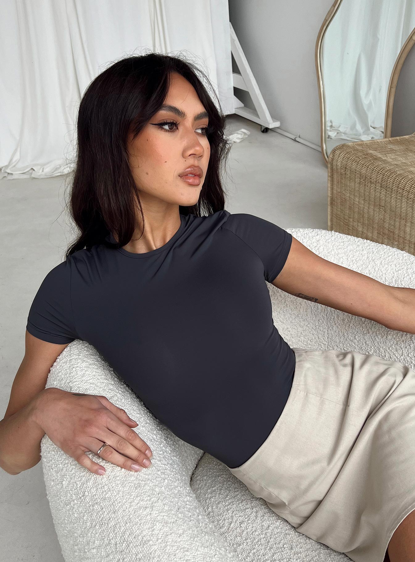 front view of model wearing Princess Polly Rover Bodysuit Grey Short Sleeves Crew Neck 