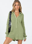 Playsuit Knit material  Classic collar  Button front fastening Drop shoulder  Raw cut hem 