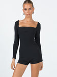 Long sleeve romper Ribbed material Square neckline Wired bust Invisible zip fastening at back Good stretch