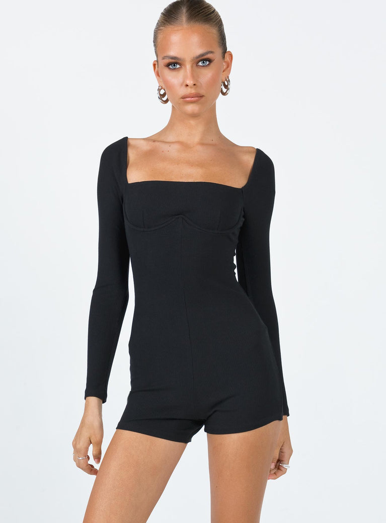 Long sleeve romper Ribbed material Square neckline Wired bust Invisible zip fastening at back Good stretch