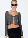 Long sleeve top Sheer material Sweetheart neckline Knot detail at bust Split hem Invisible zip fastening at back