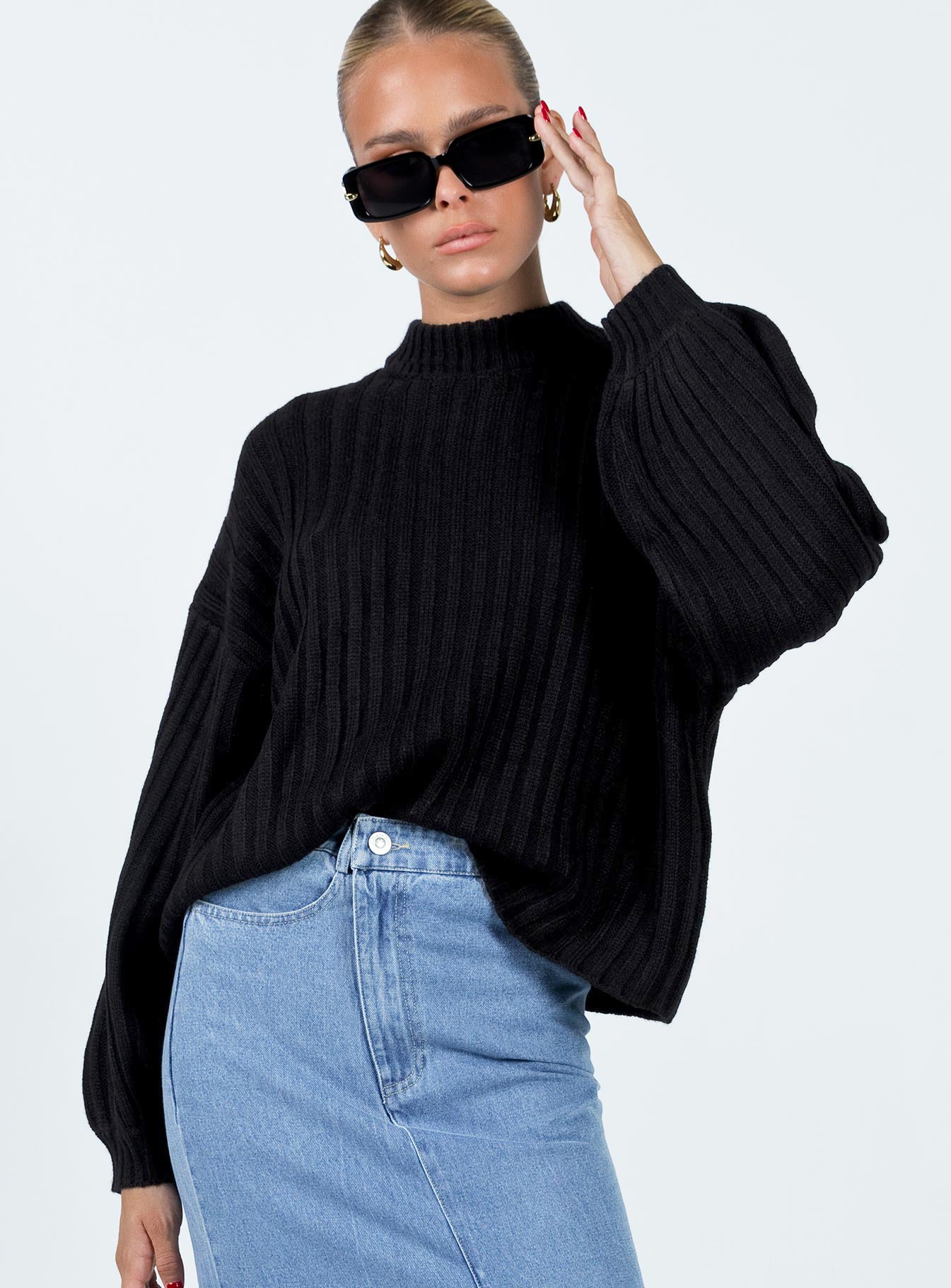 front view of model wearing Princess Polly Innerbloom Oversized Sweater Black Cropped 