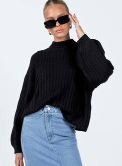 front view of model wearing Princess Polly Innerbloom Oversized Sweater Black Cropped 