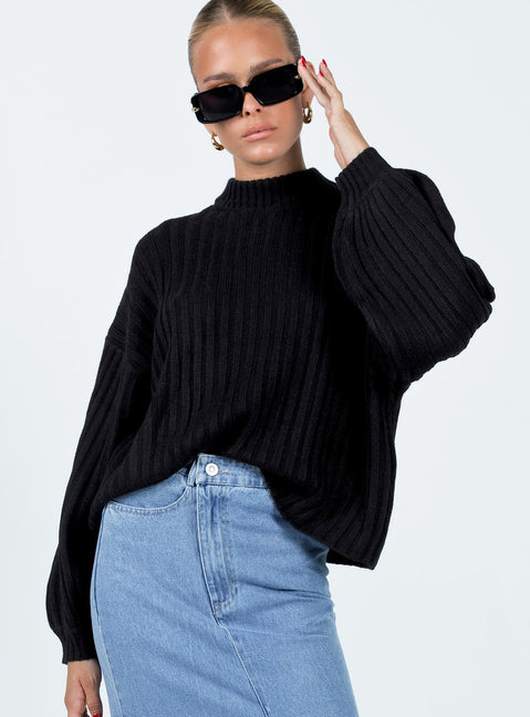 front view of model wearing Princess Polly Innerbloom Oversized Sweater Black Cropped 