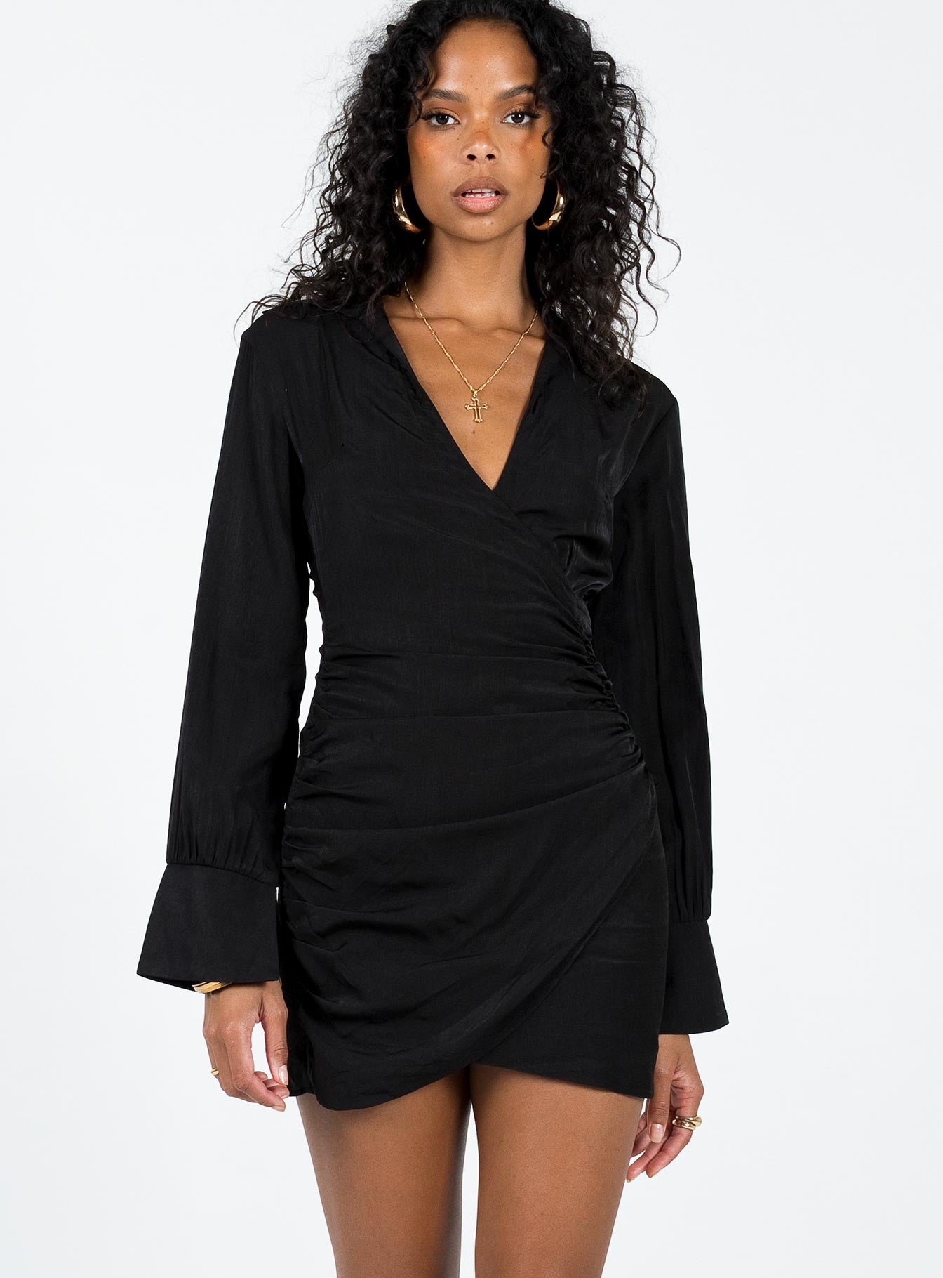 Front view of model wearing  front Princess Polly V-Neck  Teresa Long Sleeve Mini Dress Black