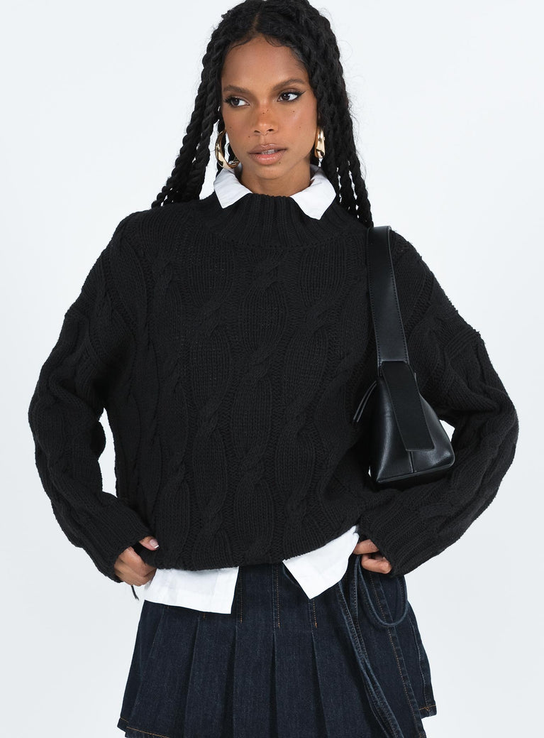 Black jumper Cable knit material Mock neck Drop shoulder Good stretch