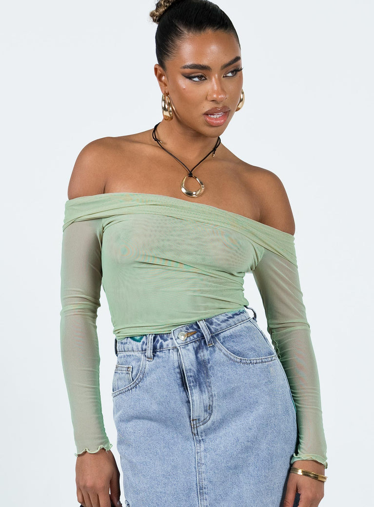 Off the shoulder top Mesh material Folded neckline Elasticated across bust Good stretch Partially lined 