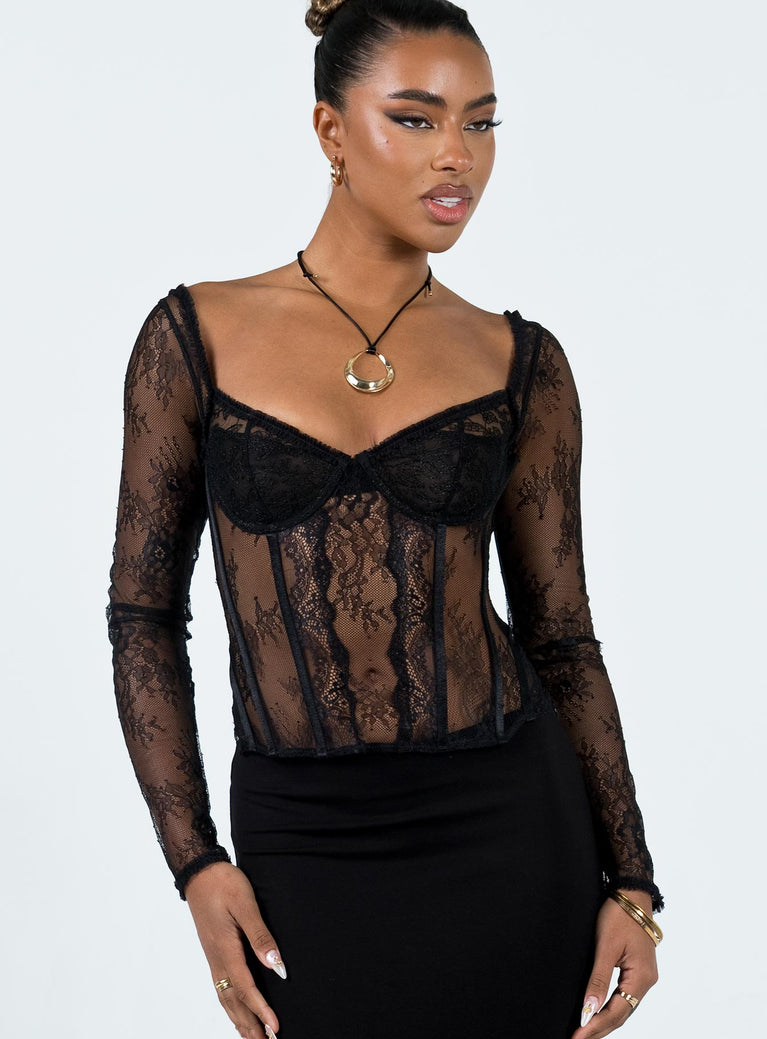 Instant Attraction Black Long Sleeve Lace Bustier Bodysuit