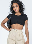 Black cropped top Ribbed material Cap sleeves Knot at waist