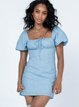 front view of model wearing Princess Polly Johan Mini Dress Blue Square Neck 